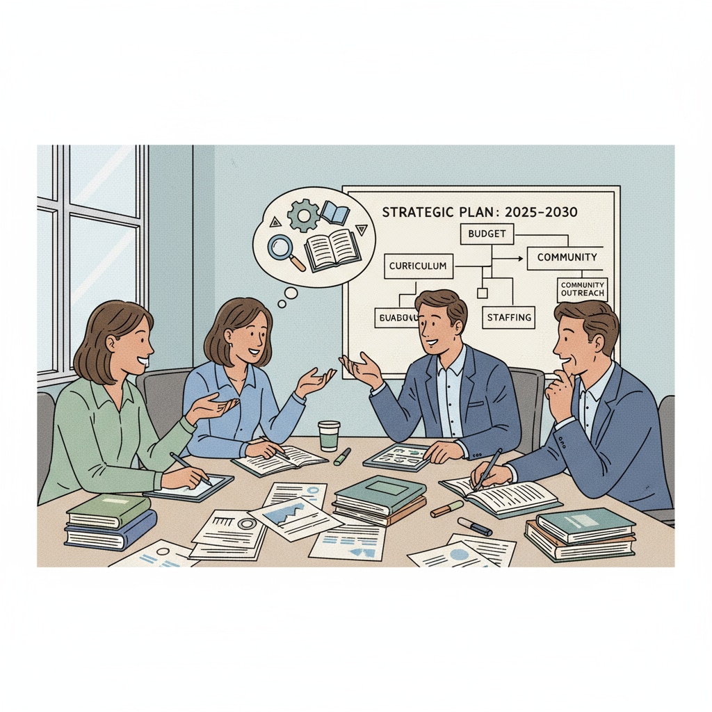 A group of K12 educational managers discussing in a meeting room, with papers and pens on the table, representing the complex decision - making process in educational management K12 educational managers facing ethical dilemmas in educational management during a meeting