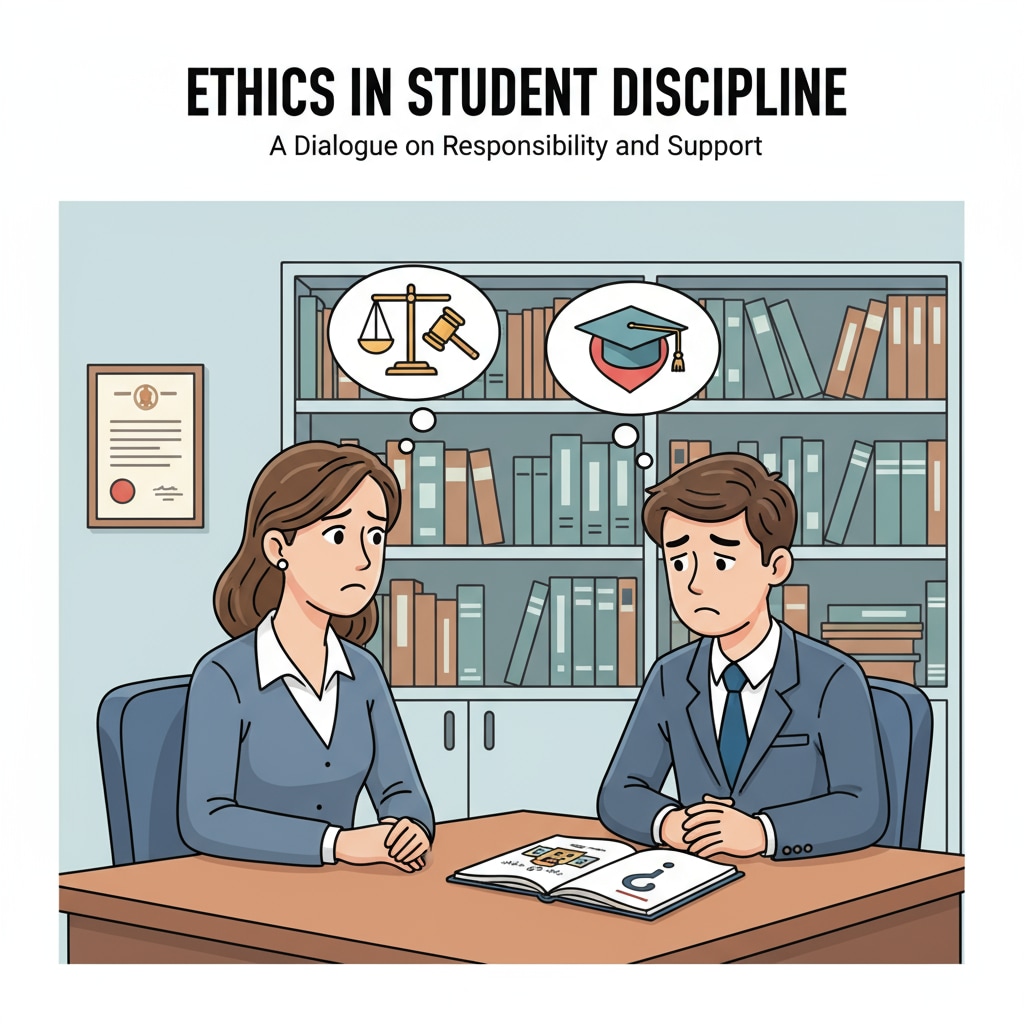 An educational manager talking to a student about discipline issues, with a concerned expression on their face, symbolizing the ethical considerations in student discipline Educational manager dealing with ethical challenges in student discipline