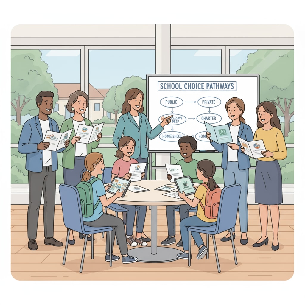 A group of students and parents are engaged in a discussion about various school options available to them, with papers and brochures in hand, highlighting the concept of school choice. Students and parents discussing school choice in the context of political controversy and education policy