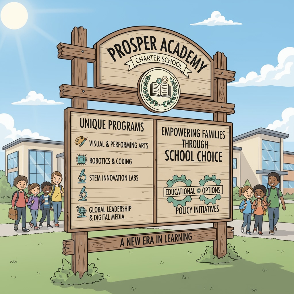 A sign outside a charter school showcases the unique programs it offers, such as arts and technology, which are part of the school choice initiatives in the education policy landscape. Sign outside a charter school related to school choice, political controversy, and education policy