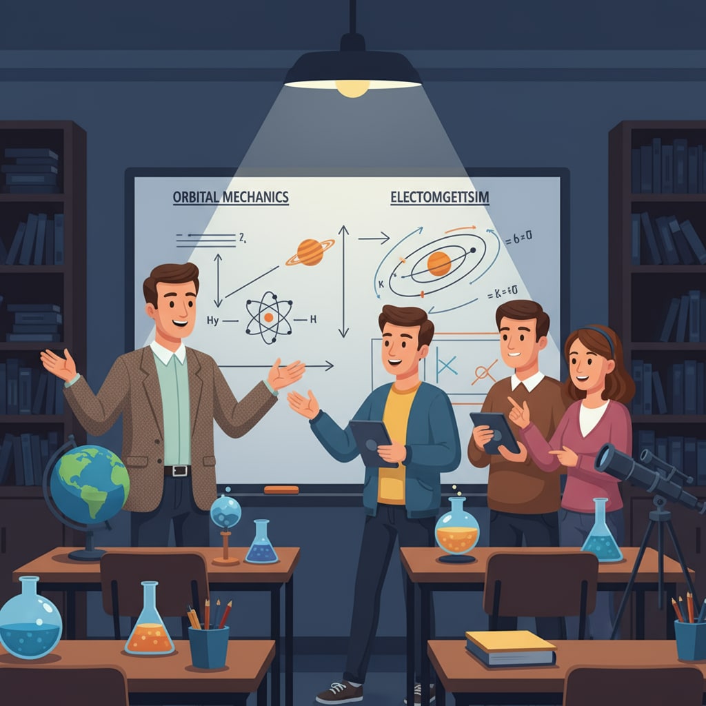 A physics teacher and students in a night school discussion