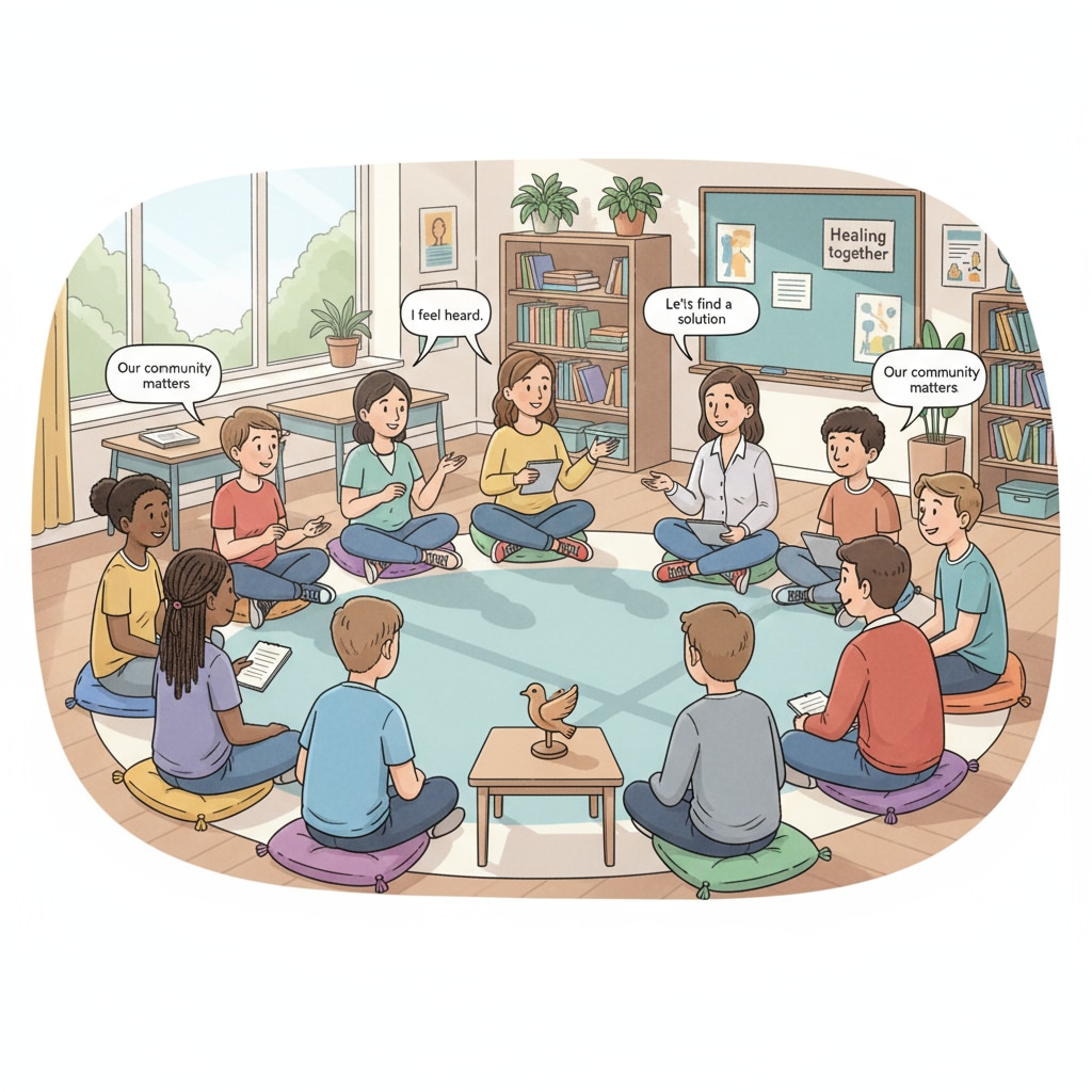 A group of students and teachers are sitting in a circle, engaged in a calm and respectful discussion about how to resolve a conflict among them. This represents the practice of restorative justice in a school setting. Restorative justice practice in a school with students and teachers in a discussion circle