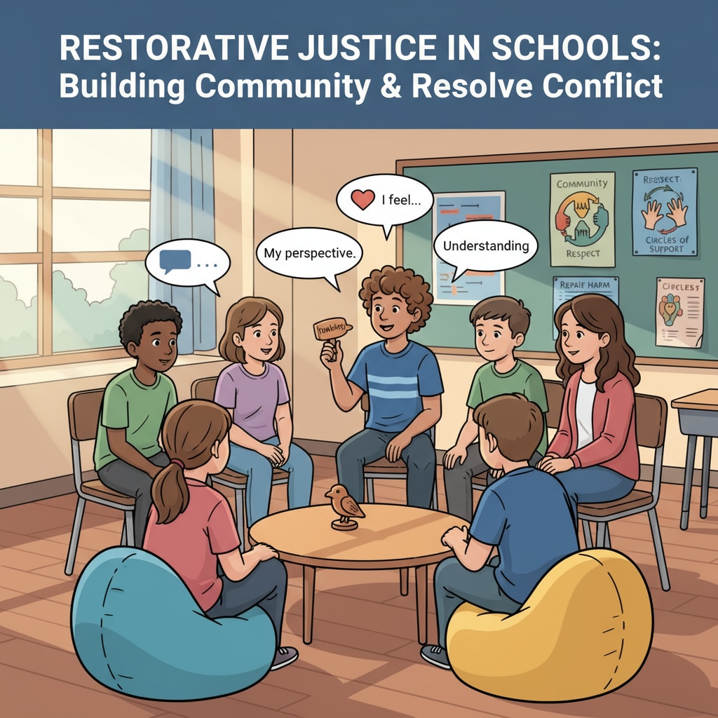 Students in a classroom are actively participating in an activity related to restorative justice. They are communicating with each other, sharing their thoughts and feelings, which is an important part of implementing restorative justice in schools. Students engaging in a restorative justice activity in a classroom