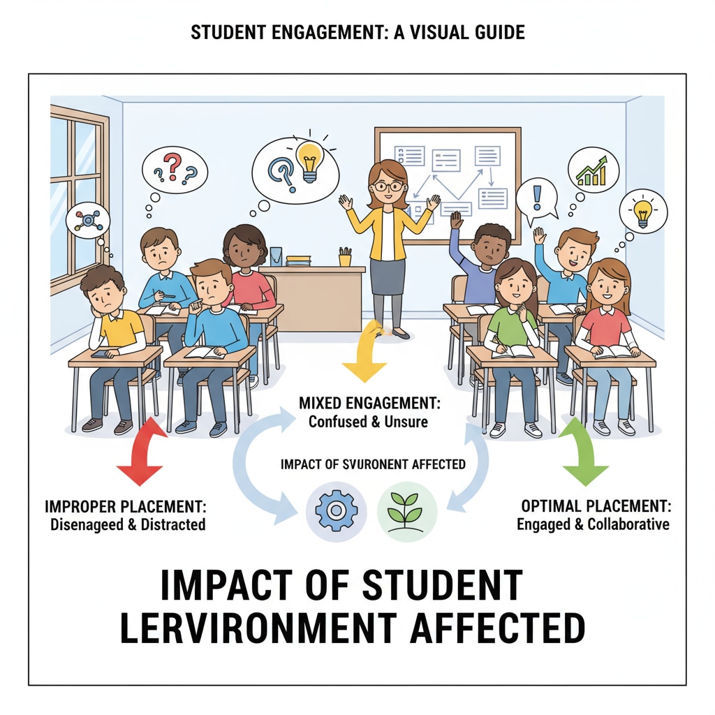 A classroom scene shows students with different levels of engagement, indicating the impact of improper student placement on the learning environment. Classroom scene highlighting issues related to educational environment, student stratification, and classroom management