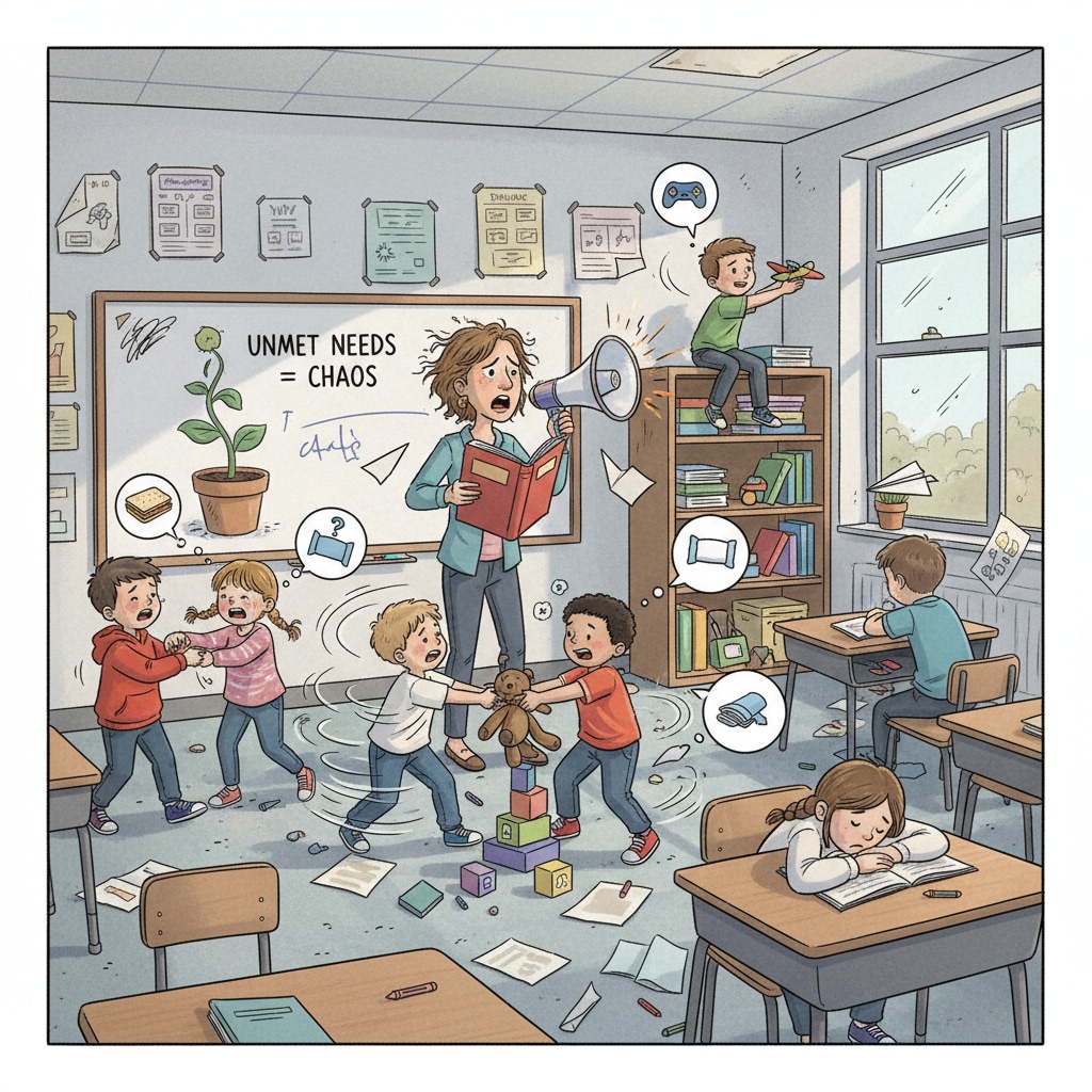 A teacher is facing challenges in maintaining order in a classroom, reflecting the negative impact on classroom management due to unmet student needs. A teacher managing a difficult classroom situation related to educational environment, student stratification, and classroom management