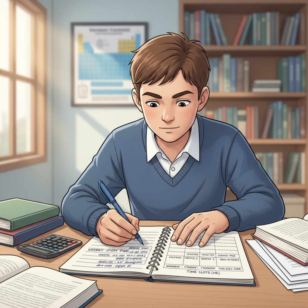 A high school student is carefully making a detailed study schedule on a notebook, with a pen in hand and a determined look on their face. A high school student using learning methods to create a study schedule