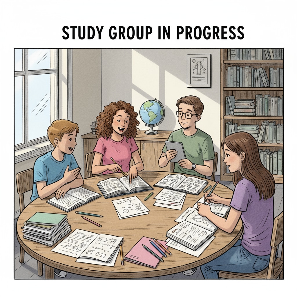 A group of high school students are sitting around a table, having a lively discussion during a study session. Some are pointing at books, and others are jotting down notes. High school students sharing knowledge and ideas during a study session
