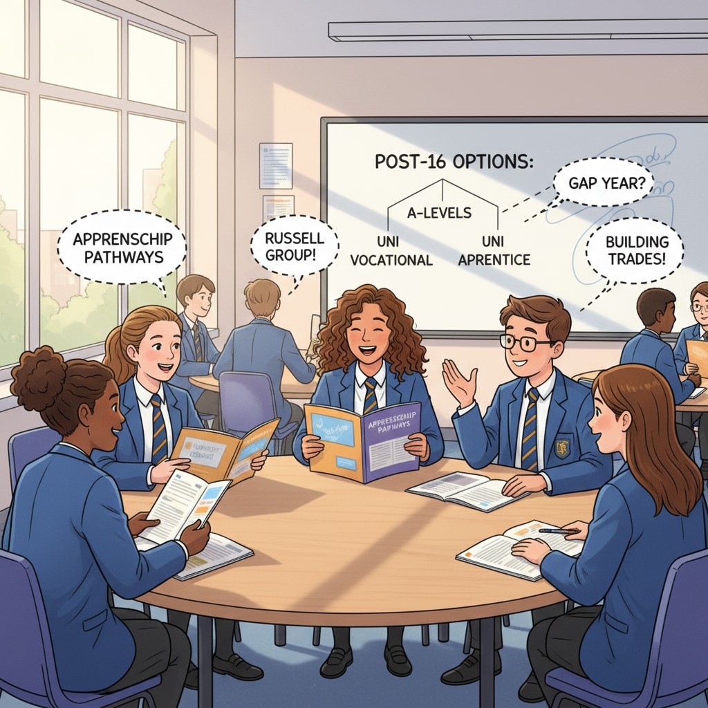 A group of British 17-year-old students are engaged in a lively discussion about their education options in a school classroom. Some are looking at course brochures, while others are sharing their thoughts. British 17-year-old students discussing education choices related to computer science, A-level courses, and vocational education