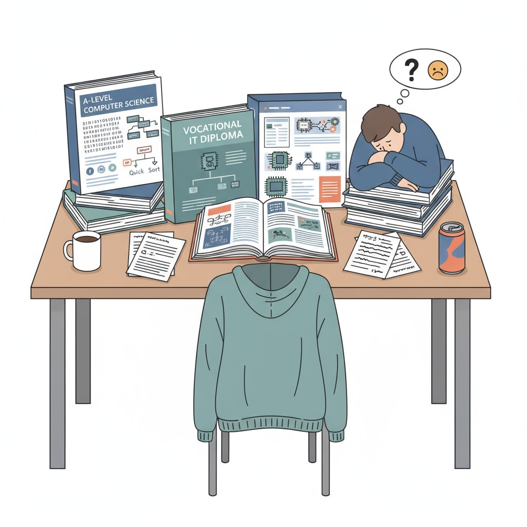 A student is sitting at a desk, looking regretful while holding textbooks related to both A-level and vocational courses. The textbooks are open, showing different subjects within computer science. A regretful student with textbooks related to A-level and vocational courses in computer science