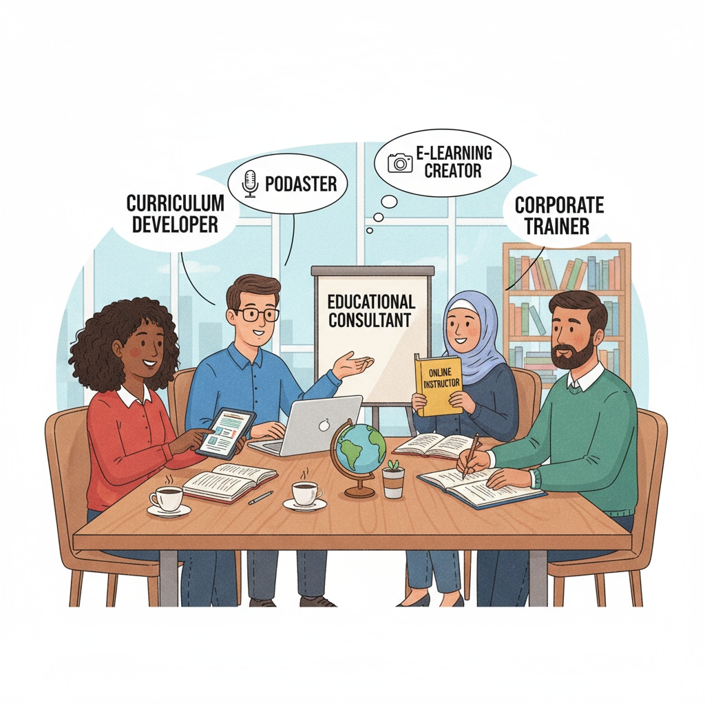 A group of teachers are sitting around a table, having a discussion about different career options they can pursue outside of the regular classroom environment. Teachers exploring career transitions and educational qualifications for new career choices