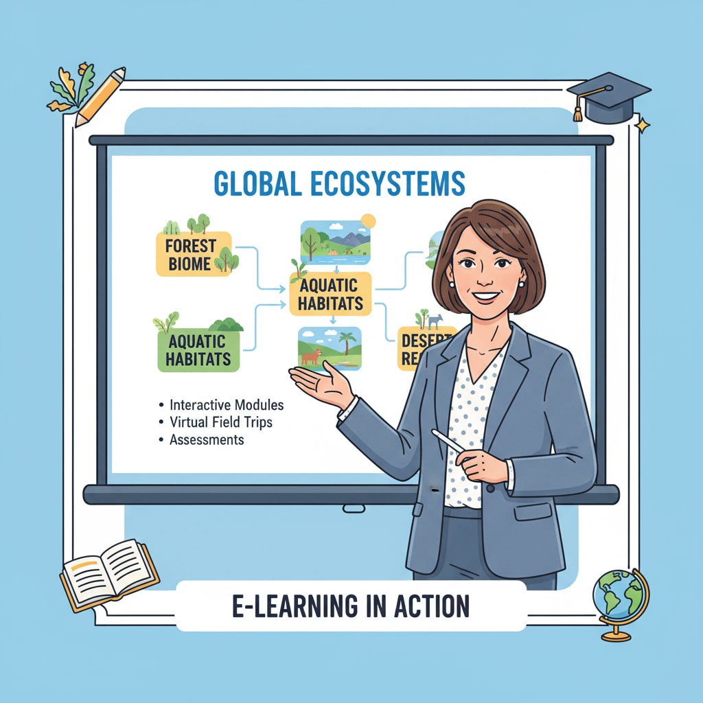 A teacher is standing in front of a screen, presenting an e - learning course. The screen shows educational content. A teacher leveraging educational qualifications for a career choice in e - learning content creation