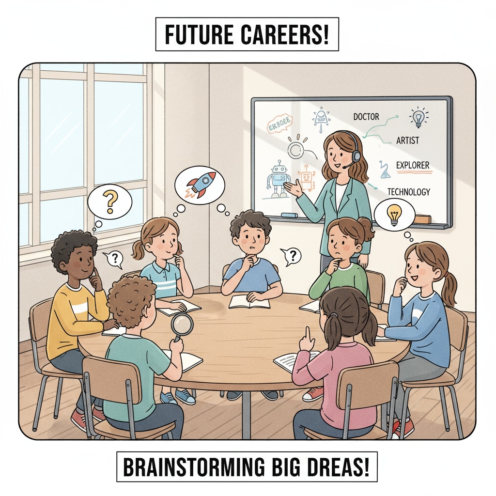 A group of K12 students engaged in a classroom discussion about future careers, with expressions of curiosity and thoughtfulness on their faces. K12 students discussing dream jobs, career planning, and employment dilemmas in a classroom