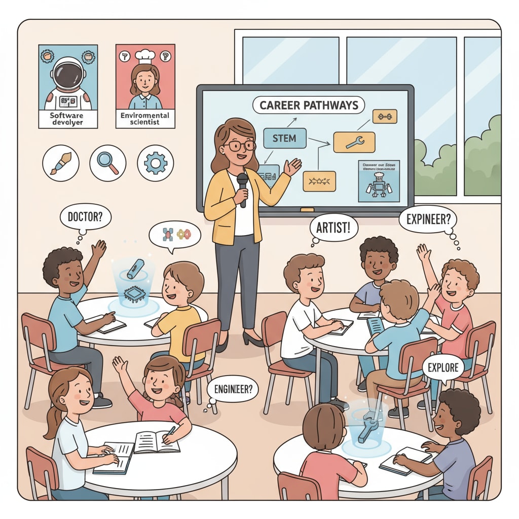 A teacher facilitating a career exploration class, with students showing enthusiasm and participation. A teacher leading a career exploration class related to dream jobs, career planning, and employment dilemmas