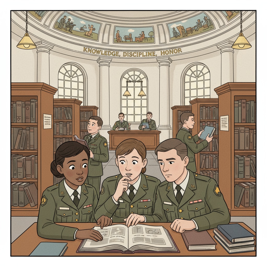 Students in military school library exploring diverse books related to LGBTQ+ and other cultures, upholding First Amendment rights in Defense Department Education System