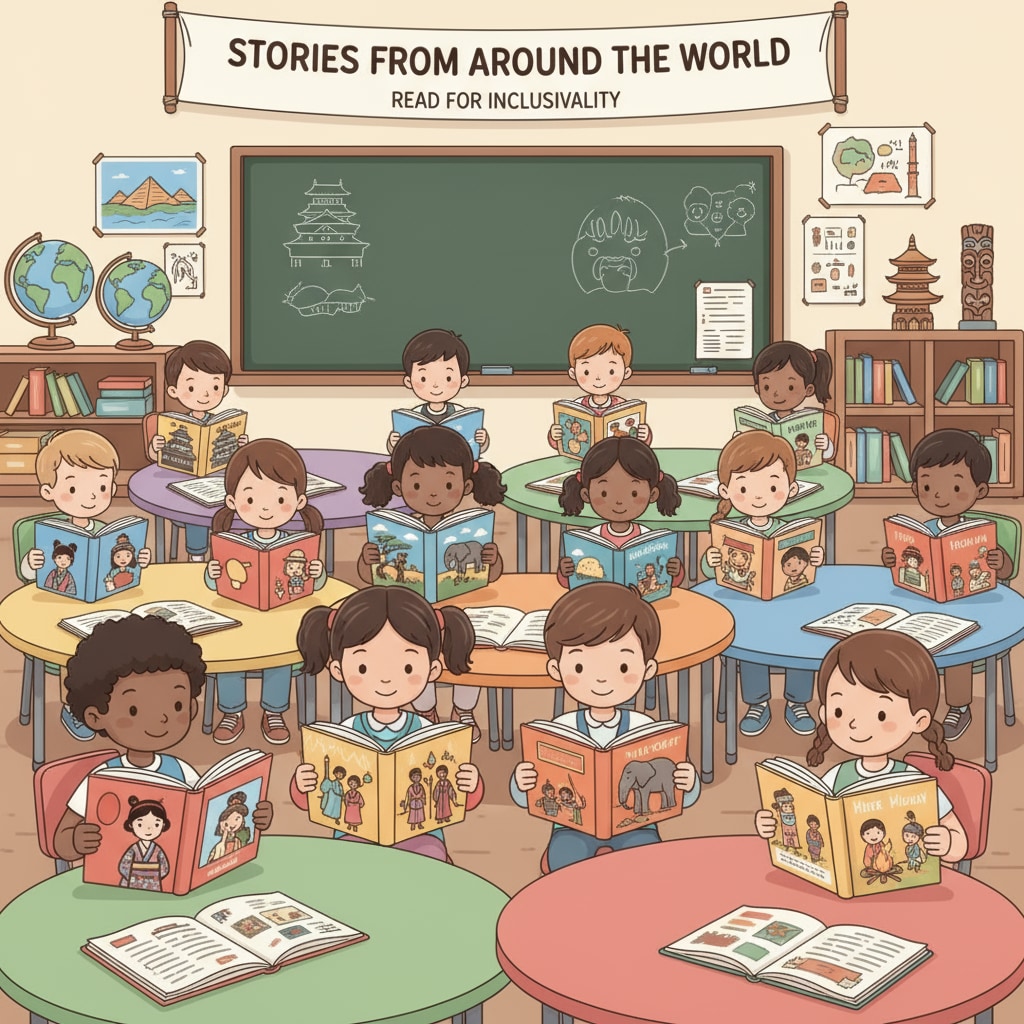 Classroom scene of students reading diverse books for inclusive education, related to First Amendment and Defense Department Education System's textbook policy