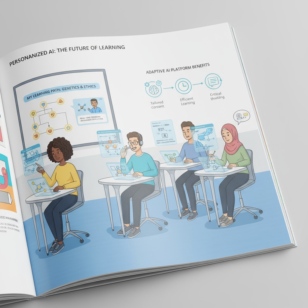 An illustration depicts students actively interacting with personalized AI learning platforms, highlighting the personalized learning experience. Students using personalized AI learning tools in an educational setting