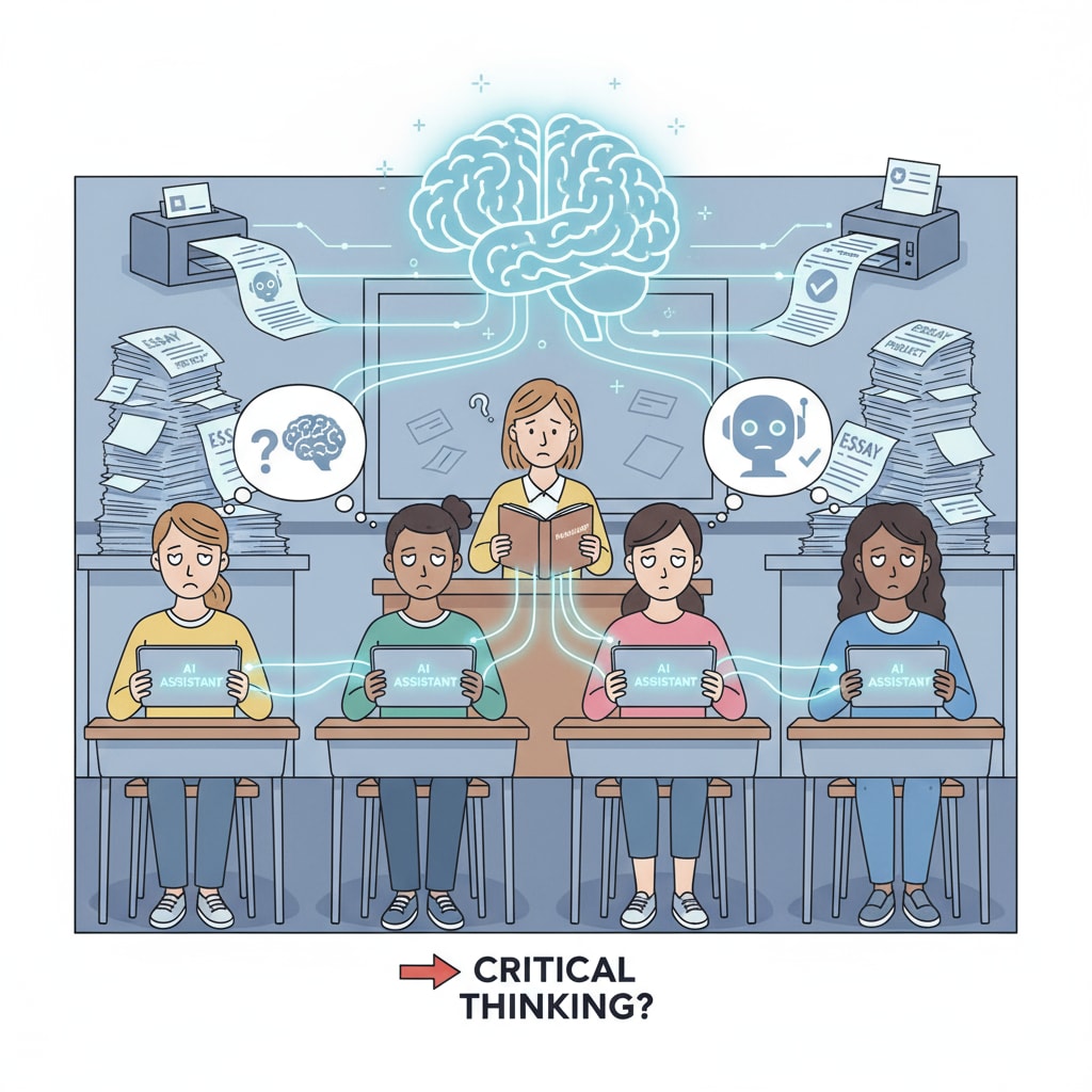 A picture shows students relying too much on AI for their schoolwork, with AI devices in their hands and a lack of independent thinking expressions on their faces. Students overly depending on AI for educational tasks