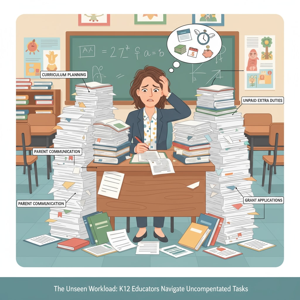 An image showing a K12 educator sitting at a desk, surrounded by paperwork, looking a bit stressed, representing the burden of extra tasks without proper compensation K12 educator burdened with extra tasks and uncompensated