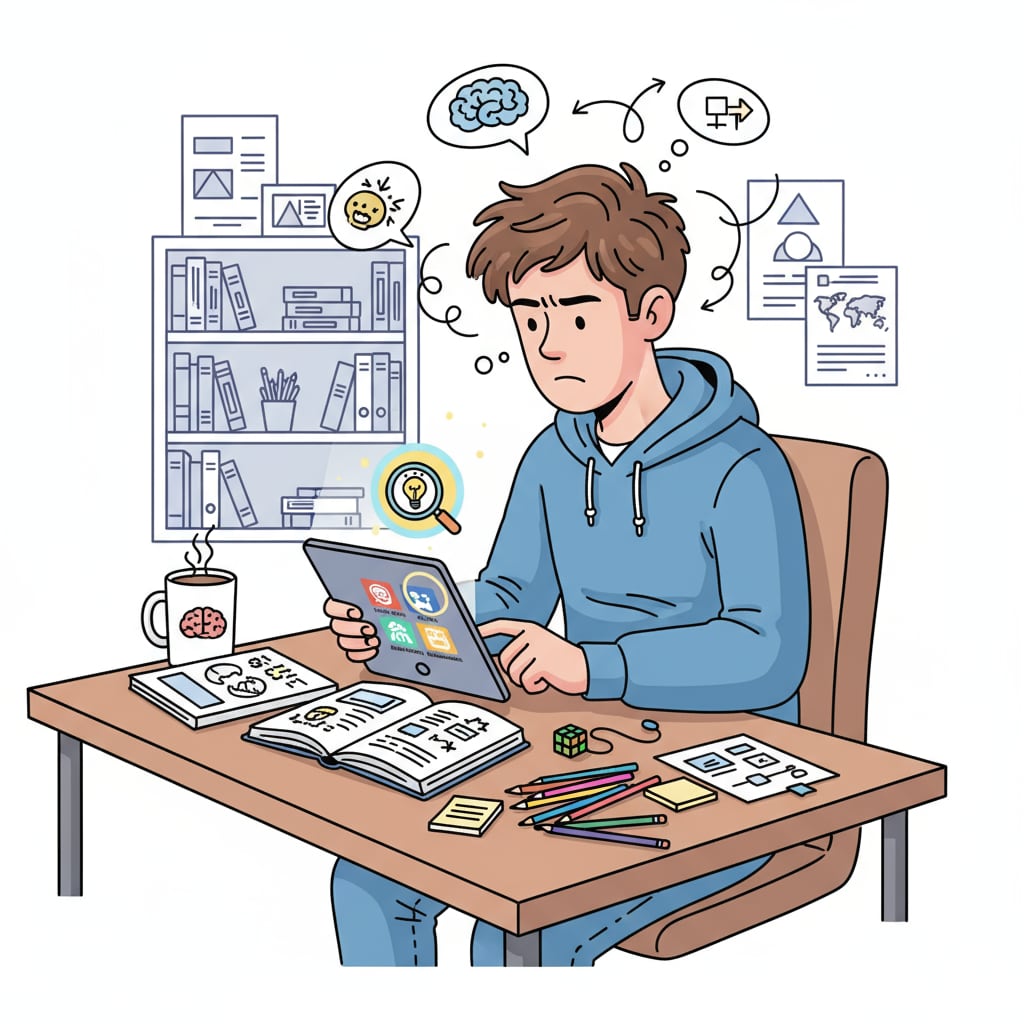 An ADHD adult sitting at a desk, concentrating on online learning materials for basic education review ADHD adult using online resources for basic education review