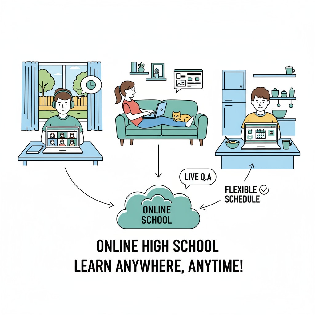 The first image depicts students sitting at home, using laptops to engage in online high school classes, emphasizing the convenience of online learning. Students studying in an online high school environment related to credit requirements and high school diploma