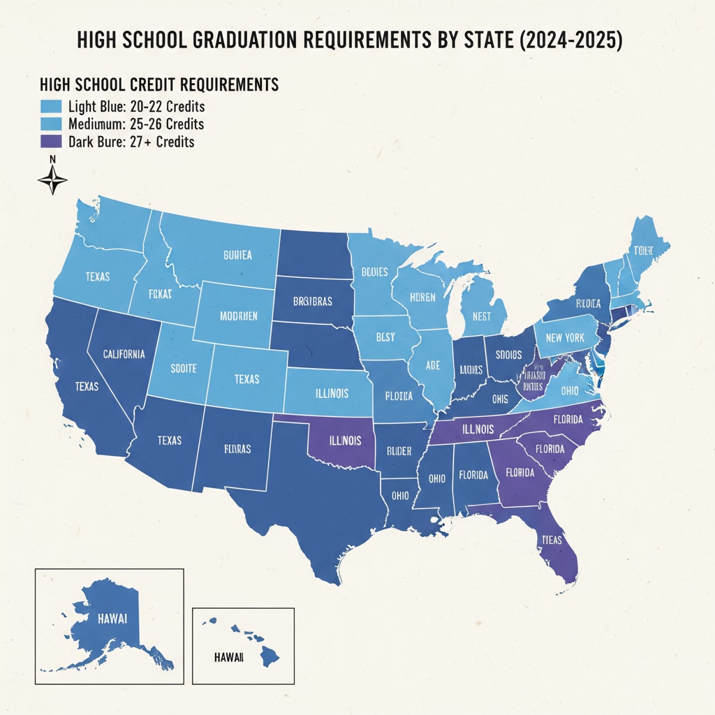 The second image is a map highlighting different states with color-coded levels of high school credit requirements, making it easy to visualize the differences. Map showing state differences in high school credit requirements relevant to online high schools and diplomas