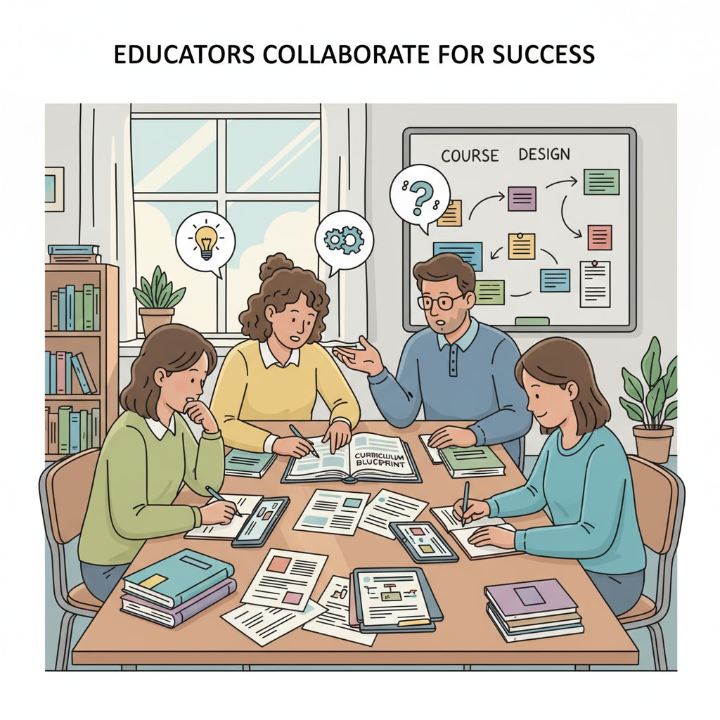 A group of teachers is gathered around a table in a classroom, discussing and planning course design. They are looking at textbooks and lesson plans, with an open and collaborative atmosphere. Teachers discussing course design to enhance student engagement