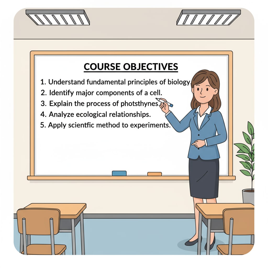 A teacher is standing in front of a whiteboard, writing out clear learning objectives for a course. The objectives are visible and neatly organized. Teacher writing learning objectives for effective course design and student engagement