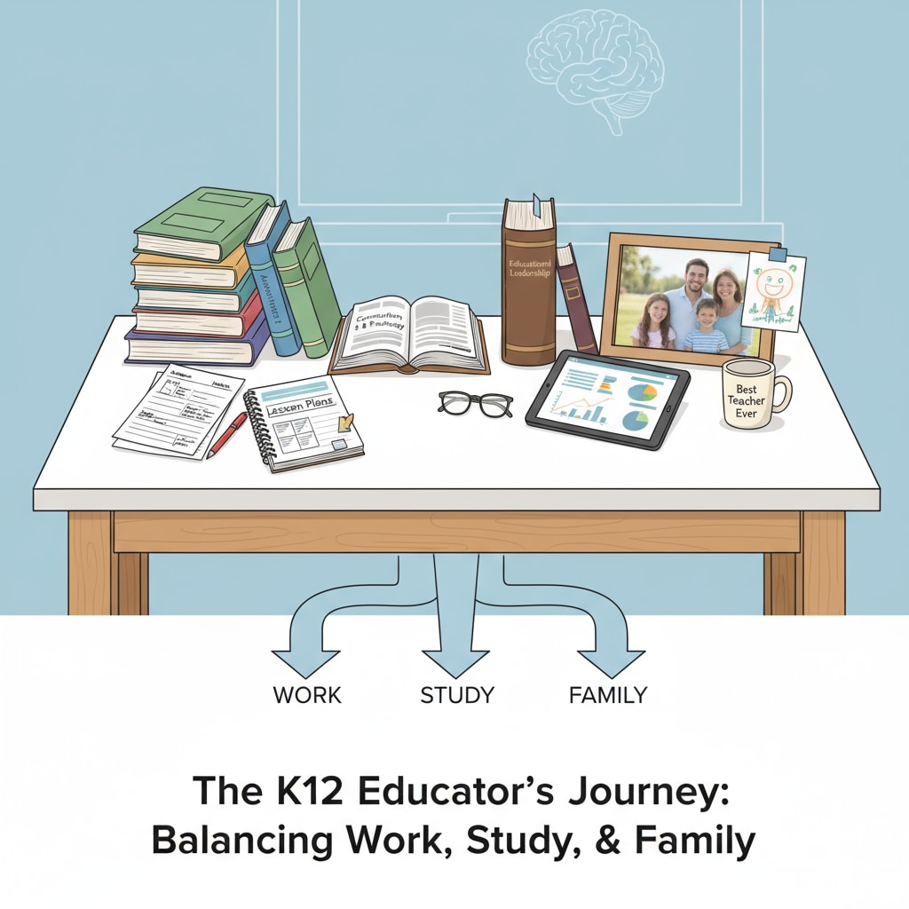 A K12 educator is shown sitting at a desk. There are teaching materials like textbooks and worksheets on one side, books for further study in the middle, and a family photo on the other side, symbolizing the three aspects of their life - work, study, and family. A K12 educator's workspace showing work, study, and family elements related to work-learning balance, time management, and marital relationships