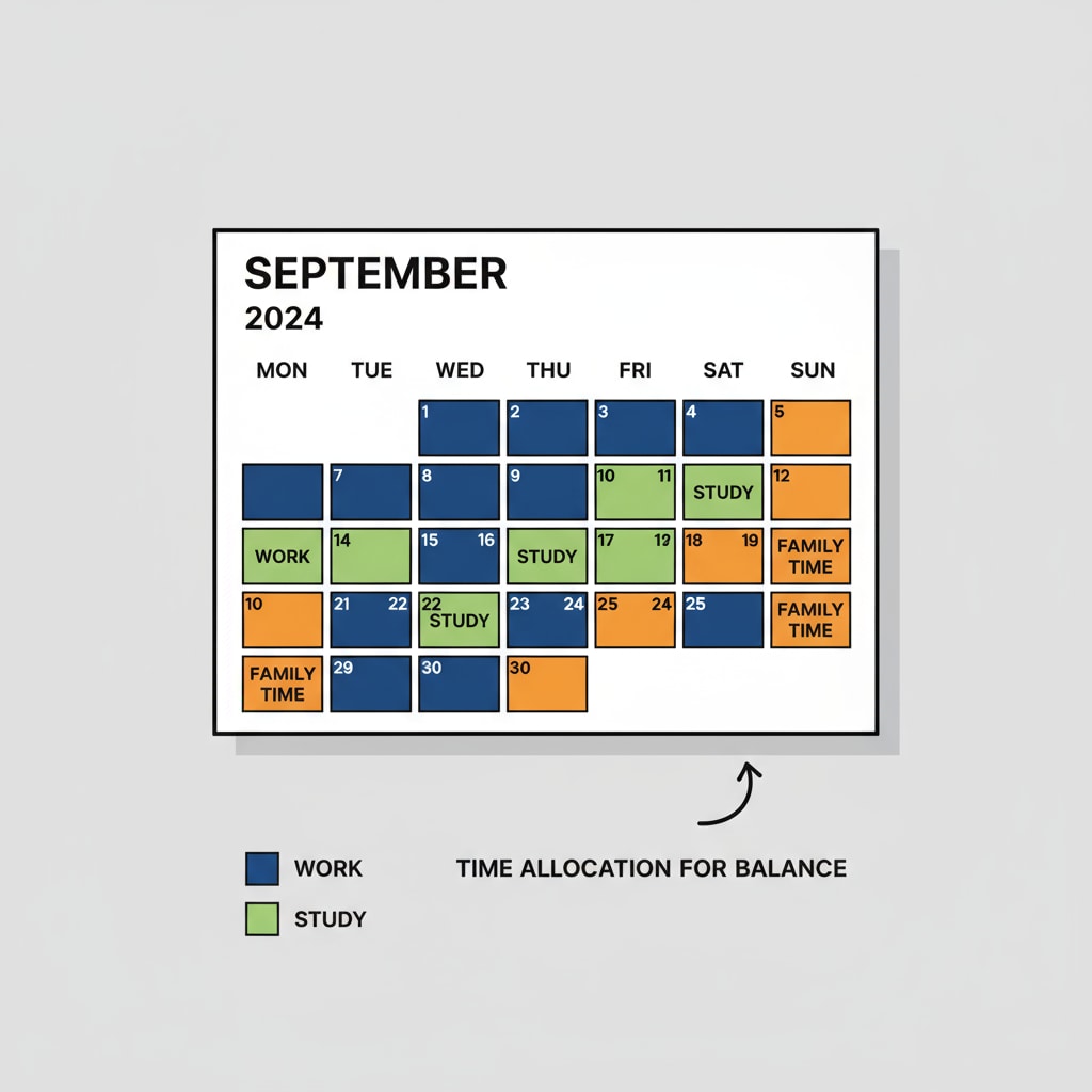 A calendar is displayed with different colored blocks. Each color represents a different activity - work, study, or family time. This visualizes how time can be allocated for different aspects of life to achieve balance. A calendar showing time allocation for work, study, and family related to work-learning balance, time management, and marital relationships