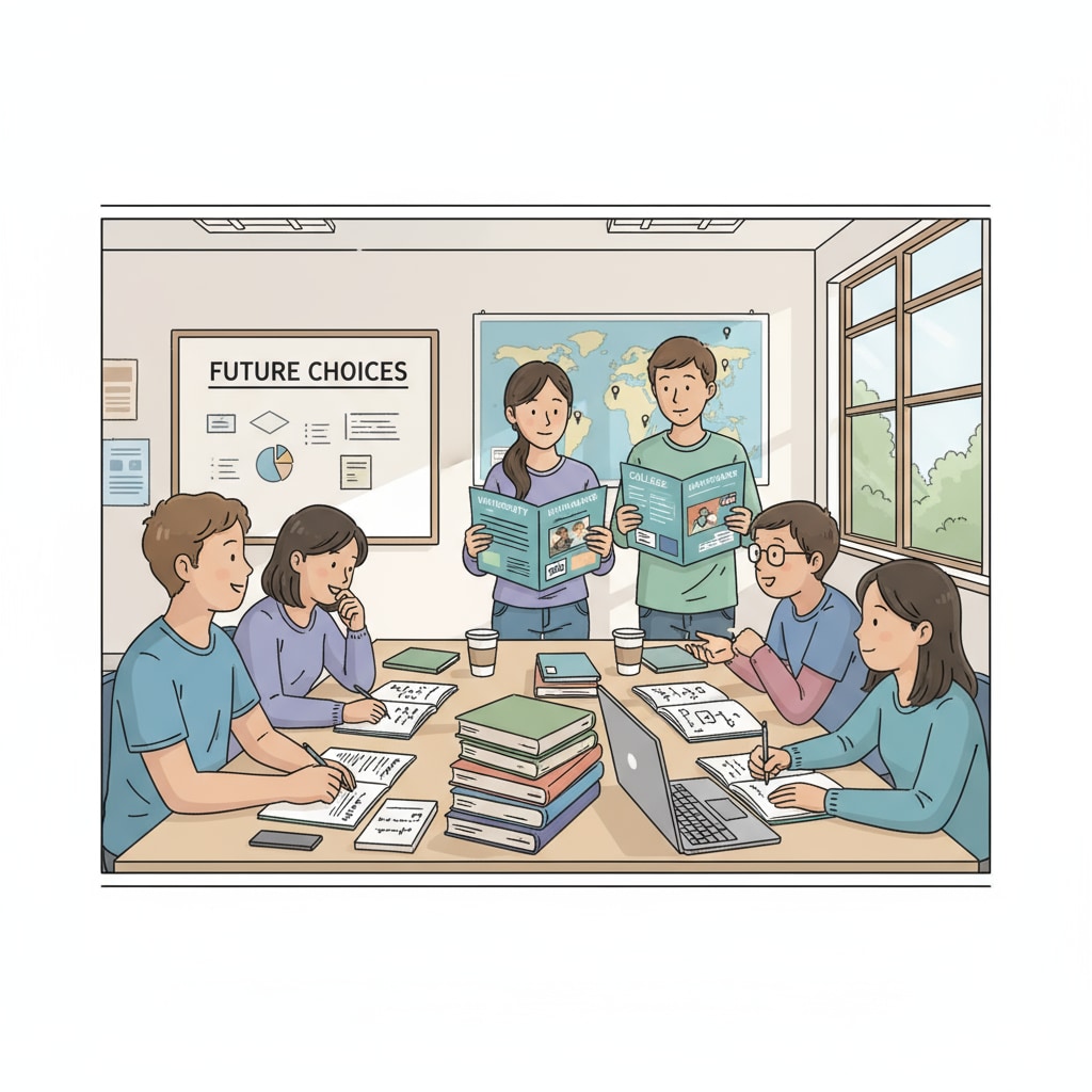 A group of teenagers are sitting around a table in a classroom, discussing different educational options. Some are looking at brochures, while others are writing notes. Teenagers discussing educational options related to dropouts, GED, and educational choices