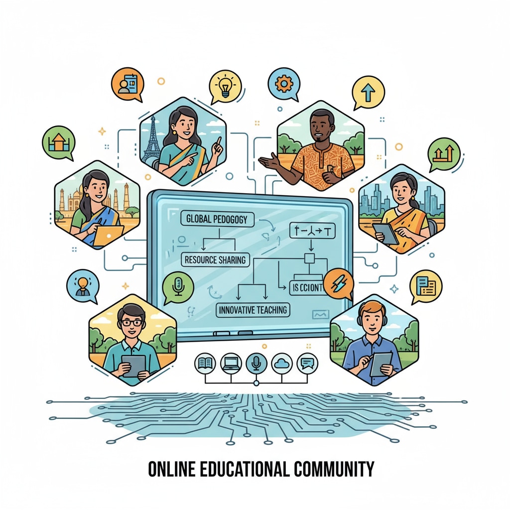 This illustration depicts a virtual classroom where teachers from different locations are interacting, sharing ideas, and collaborating, representing the active participation in an online educational community. K12 teachers interacting in an online educational community with a focus on community rules, educational networks, and subreddits