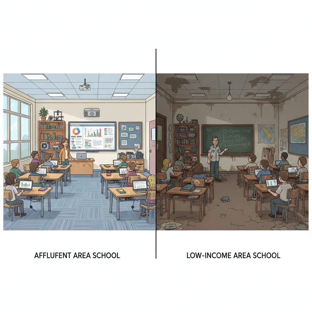 Comparison of facilities in affluent and low-income area schools relevant to American education, social class screening, and school system