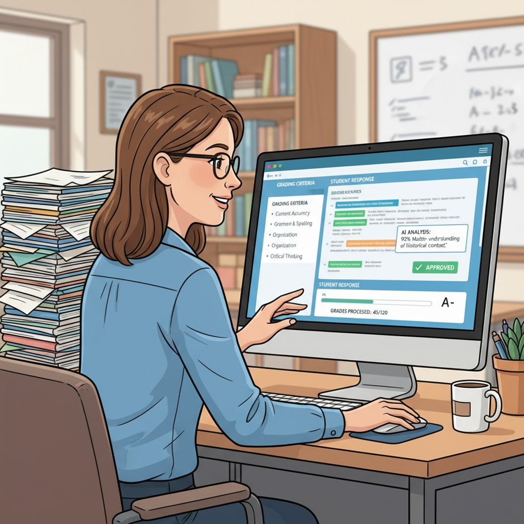 An illustration shows a teacher sitting at a desk with a computer, using an AI-based software to grade a stack of student homework. The software interface displays grading criteria and student responses. An illustration of a teacher using an AI tool to grade student homework