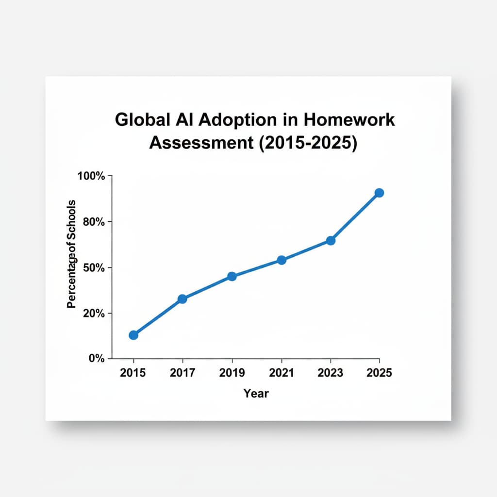 A line graph shows the percentage of schools using AI in homework assessment from 2015 to 2025. The percentage steadily increases over the years. A graph depicting the increasing use of AI in homework assessment over the years