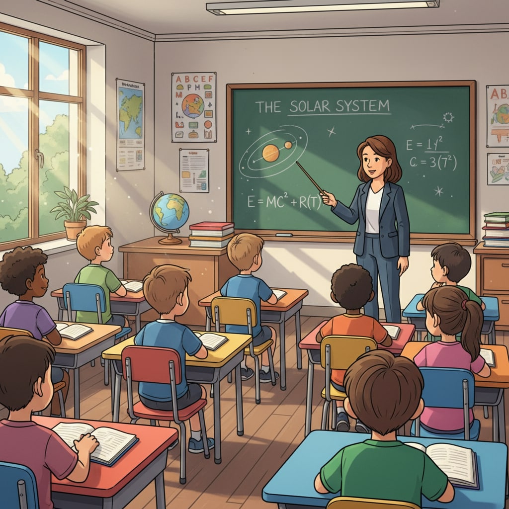 A group of K12 students are sitting in a classroom, listening intently to their teacher during a lecture. The teacher is standing in front of the blackboard, explaining a lesson. K12 students paying attention during a lecture