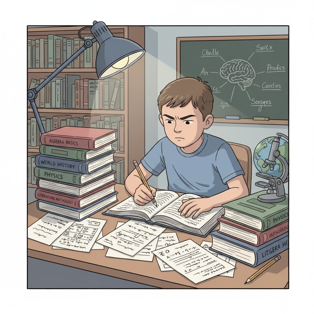 A single K12 student is sitting at a desk, surrounded by books and papers. The student is focused on studying independently, with a determined look on their face. K12 student engaged in self-study