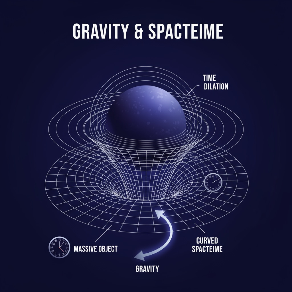 A simple illustration showing a massive object causing a curvature in the fabric of space-time which represents time bending due to gravity Illustration of time bending due to gravity