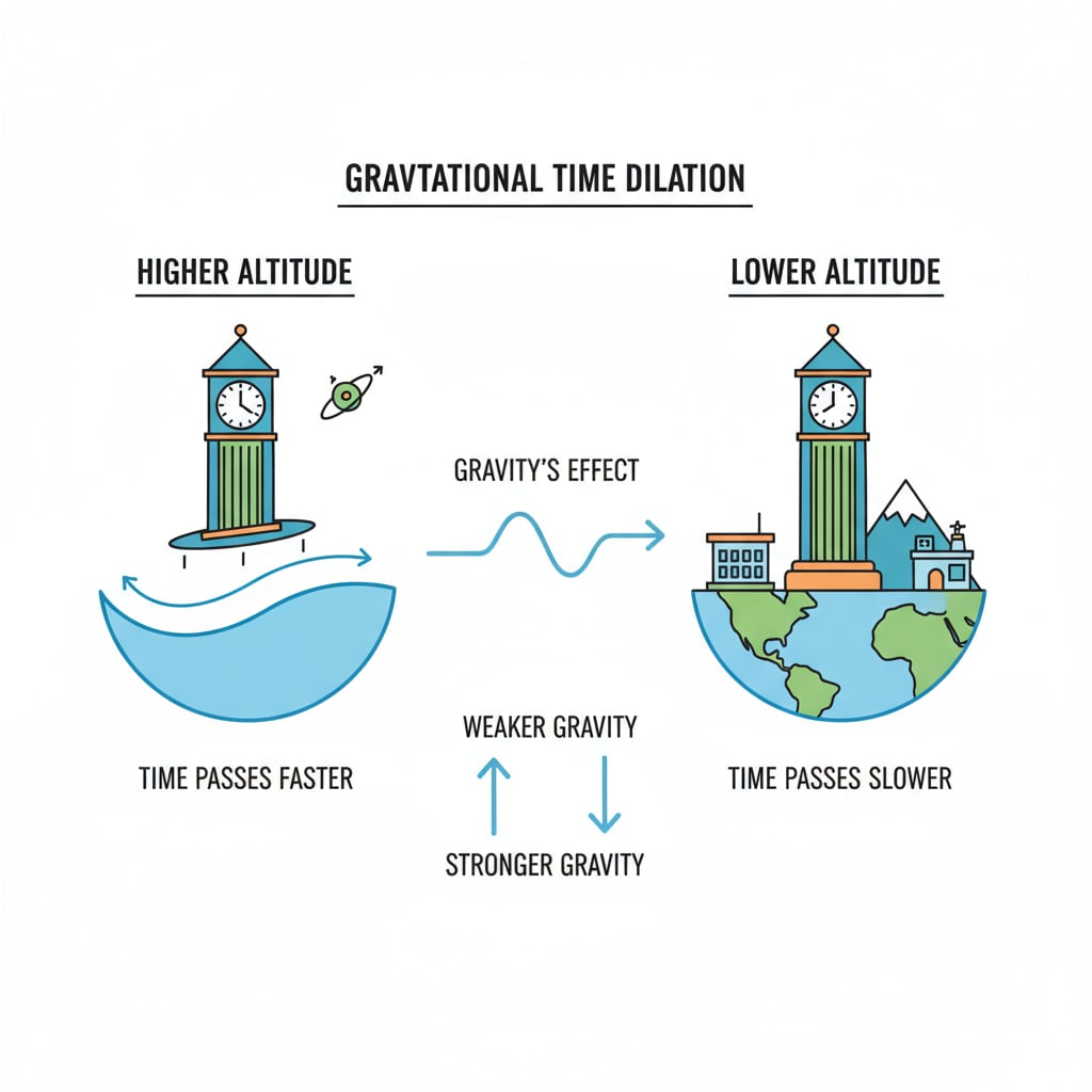 A comparison diagram showing the difference in the passage of time for two people at different altitudes due to gravity Comparison of time passage at different altitudes due to gravity