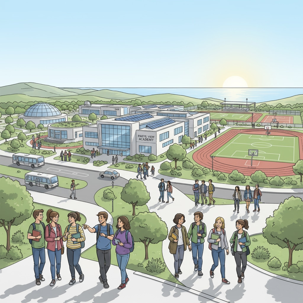 An example of an AI-generated image potentially used on a high school website, showing a modern and idealized campus scene AI-generated image of a high school campus used on a website, highlighting educational ethics concerns