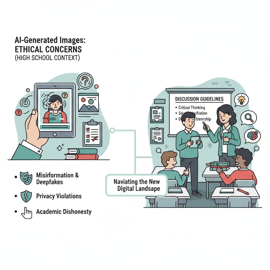 A visual representation of the ethical concerns related to AI-generated images in a high school context Visual showing ethical issues of AI-generated images in high school, emphasizing educational ethics
