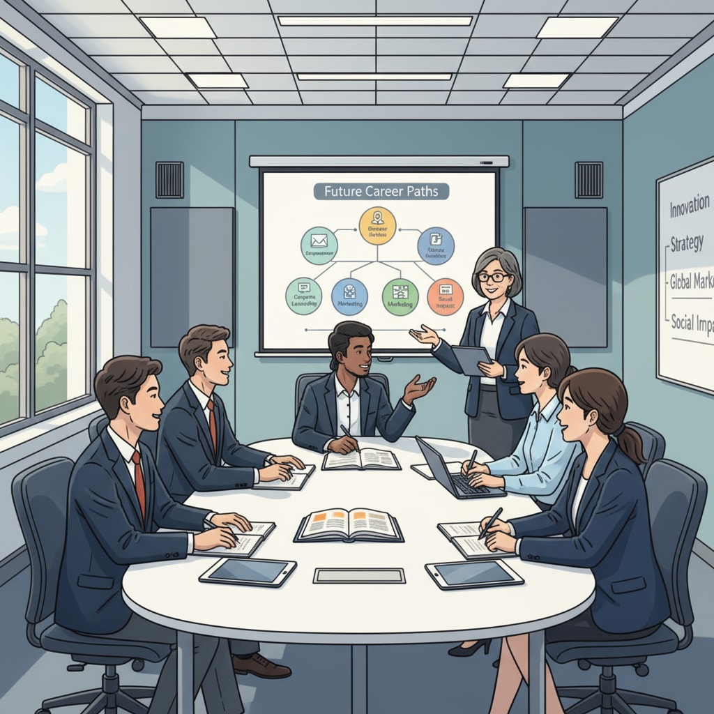 A diverse group of business students are engaged in a discussion about their future career paths in a modern and well-equipped classroom. Business students discussing higher education and career options