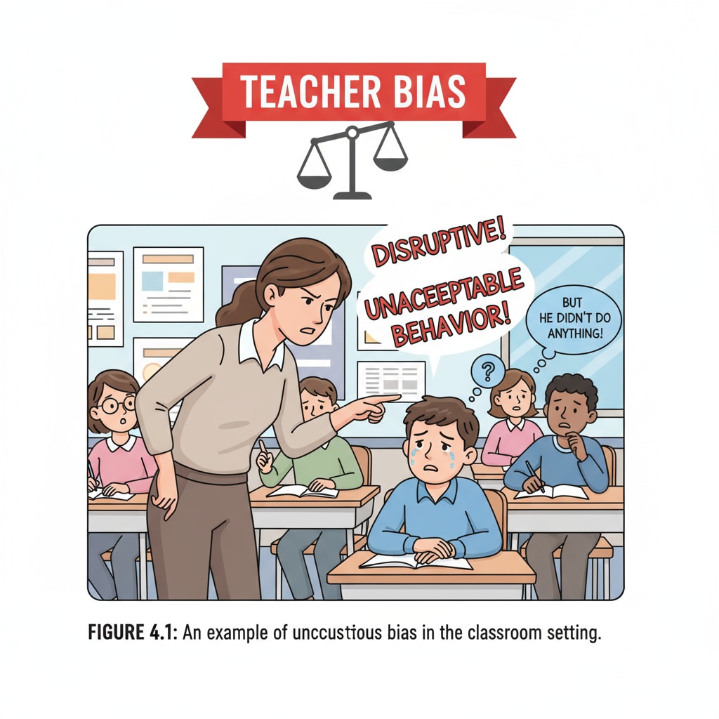 A classroom scene where a teacher is unfairly scolding a student, highlighting the issue of teacher bias. A teacher scolding a student due to bias