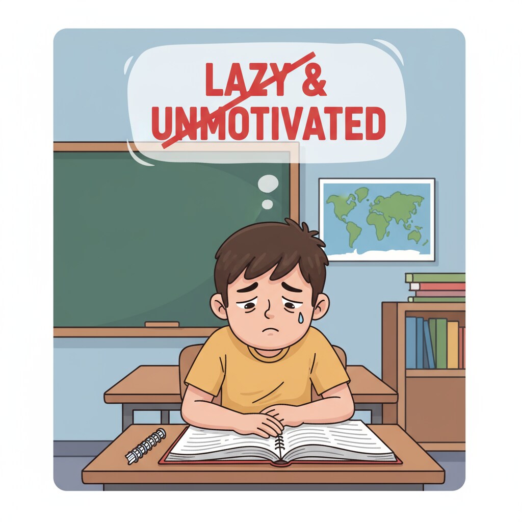 A student looking sad with a thought bubble showing a negative label, representing the impact of student labeling. A sad student with a negative label