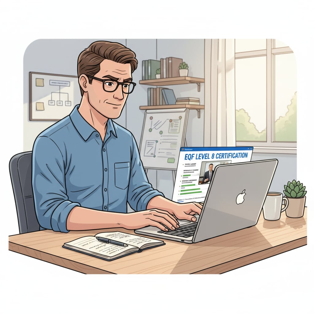 An illustration depicting a full-time worker sitting at a desk, using a laptop to study for an EQF 8 certification online. The worker has a focused expression, and the screen shows EQF 8 course materials. A full-time worker studying online for EQF 8 certification