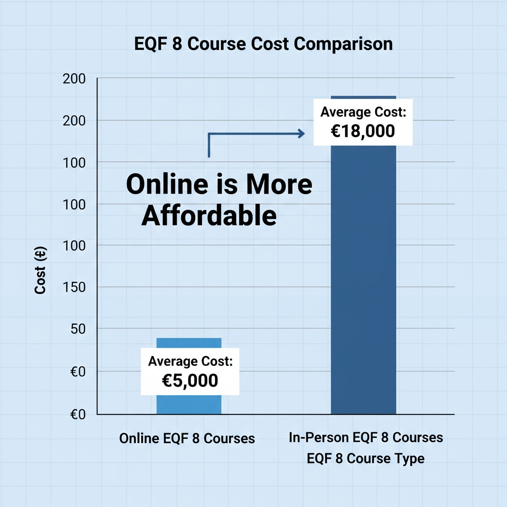 A graph comparing the average costs of online and in-person EQF 8 courses. The bars clearly show the difference in price, indicating that online courses are more affordable. Cost comparison of online and in-person EQF 8 courses