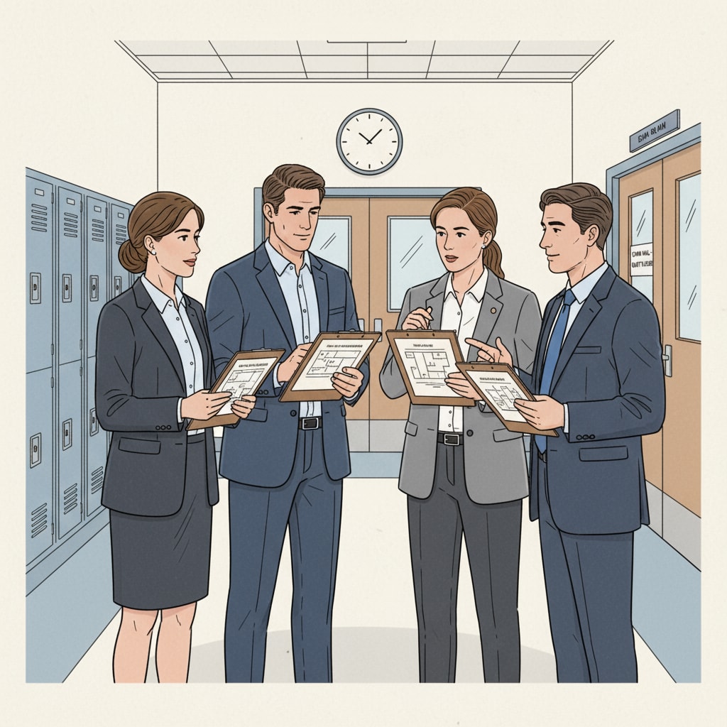 A group of test invigilators are gathered in a school hallway. They are dressed in professional attire and are holding clipboards with test-related information. They seem to be discussing the upcoming test session, making sure everything is in order. Test invigilators preparing for their shift in a school hallway