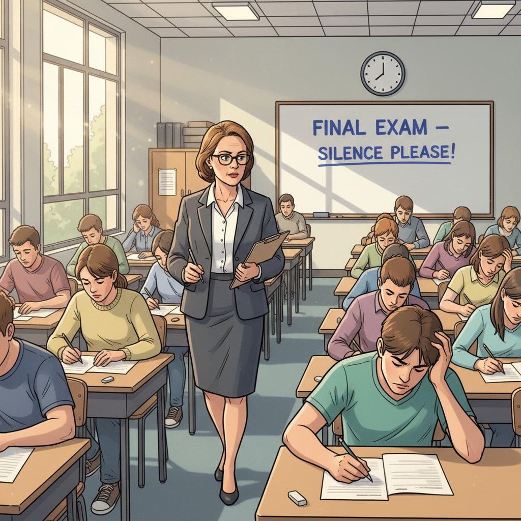 A test invigilator is walking slowly around a classroom filled with students taking a test. The invigilator is observing the students closely, looking for any signs of irregularities. The students are focused on their tests, and the classroom has a quiet and serious atmosphere. A test invigilator observing students during a test