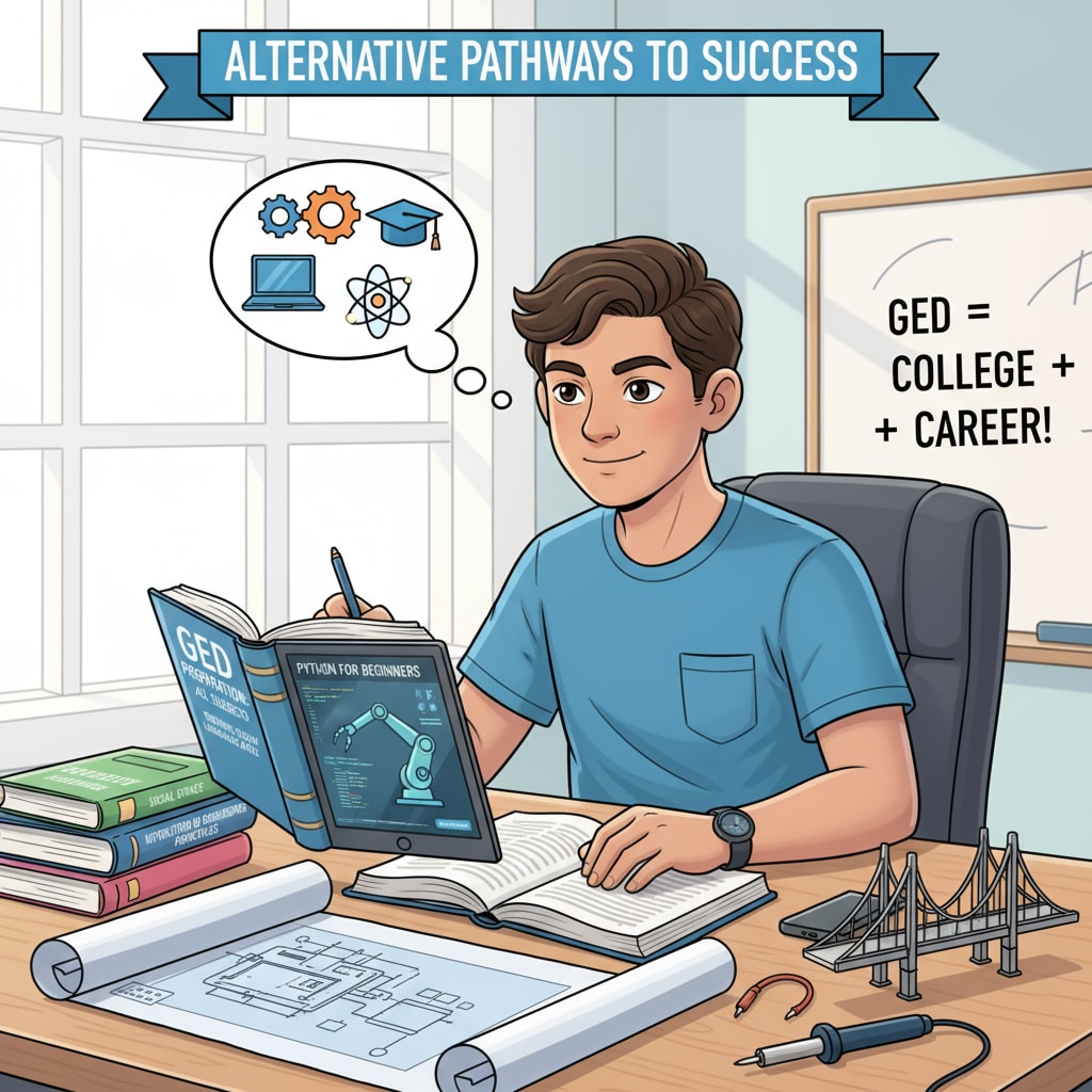 A student studying for the GED exam, highlighting an alternative education path for students interested in engineering and computer science. Student studying for GED exam as an alternative education option in engineering and computer science