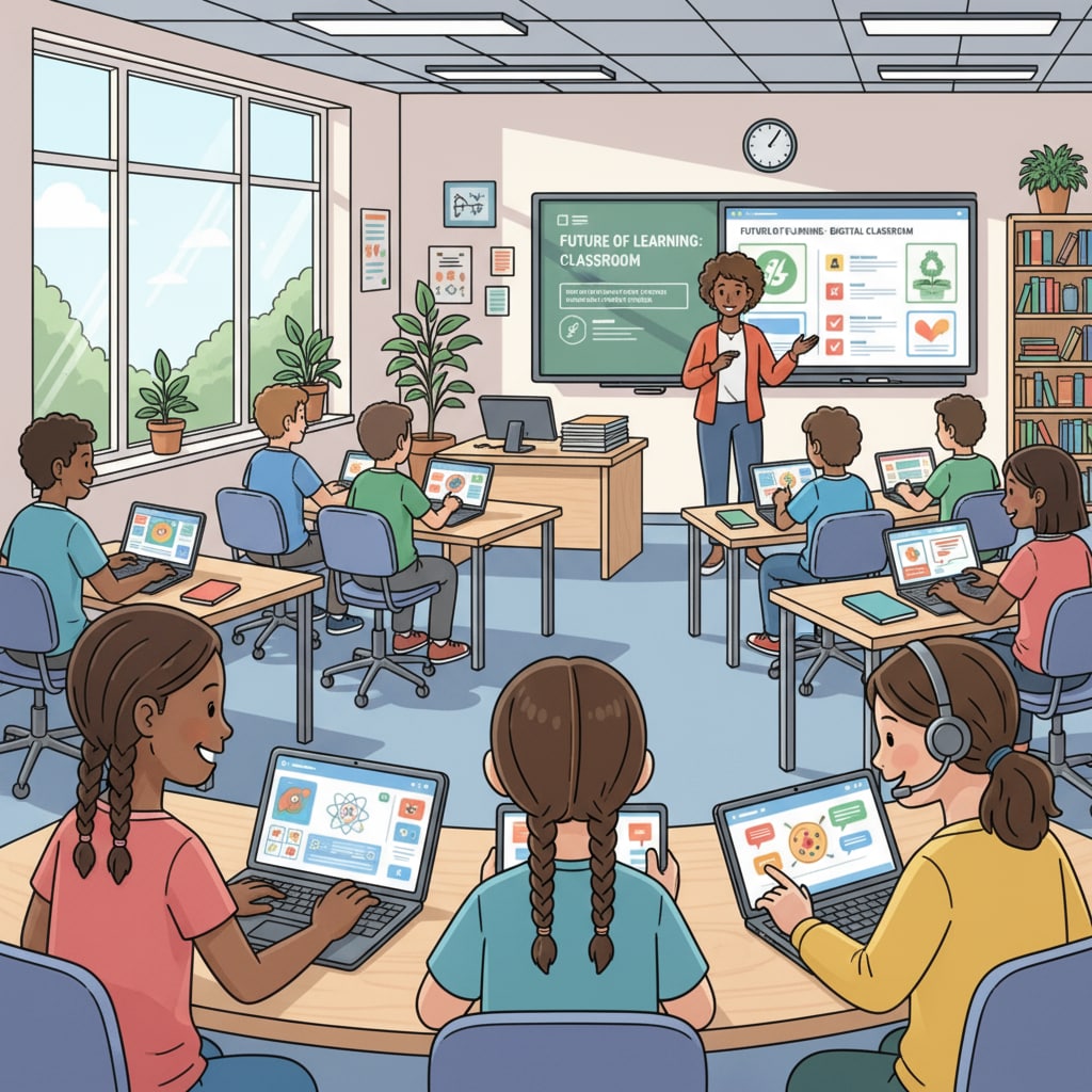 A classroom scene where students are using digital devices such as laptops and tablets to engage in learning activities. Students using digital devices in a post-pandemic secondary education classroom