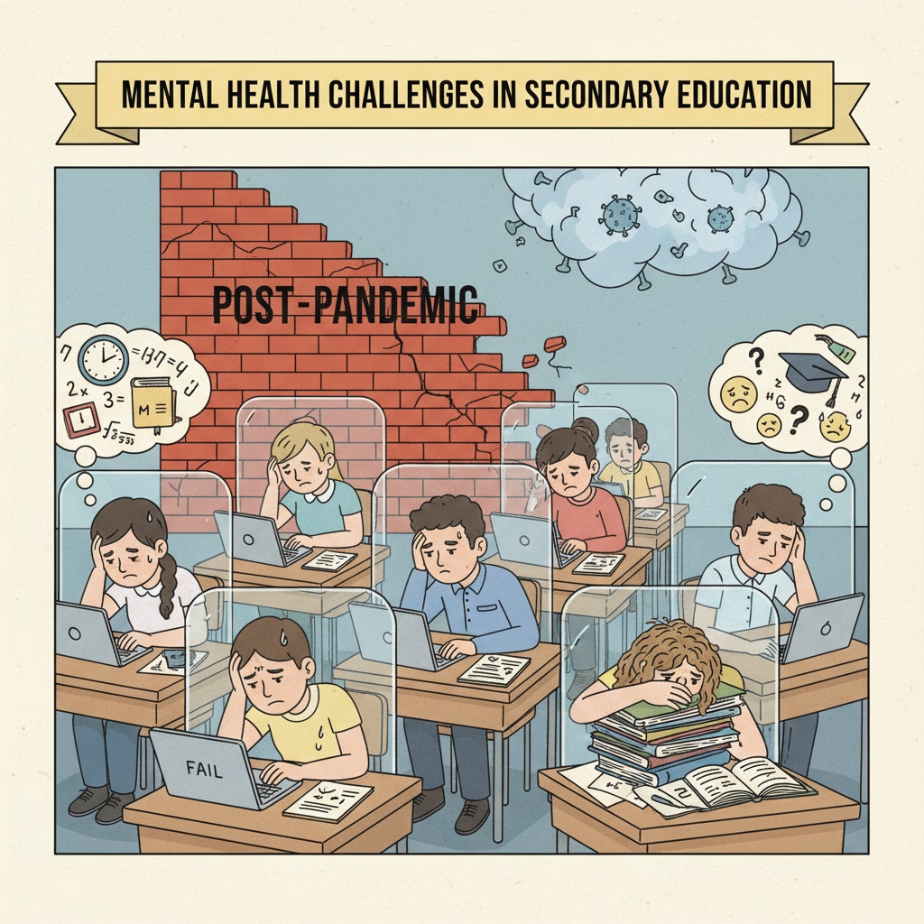A picture showing students looking stressed while sitting at their desks in a classroom, highlighting the mental health challenges in post-pandemic secondary education. Stressed students in a post-pandemic secondary education classroom